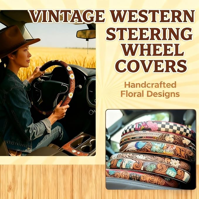 Retro Western Cowboy Car Universal Steering Wheel Cover – Western Steering Wheel Cover for Men & Women - 15 Inch Embossed Leather Anti-Slip Grip–Universal Fit for Truck, SUV, Car (C)