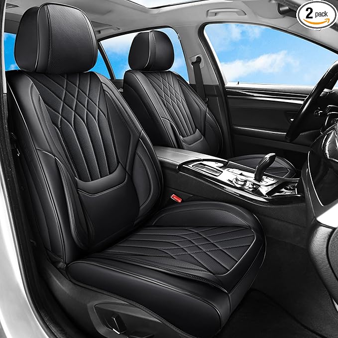 GEZHOUBA Car Seat Covers Front Seats Black, Luxury Leather Automotive Seat Covers with Lumbar Support, Waterproof Car Seat Protector Universal Fit for Most Cars Trucks Pick-ups SUVs