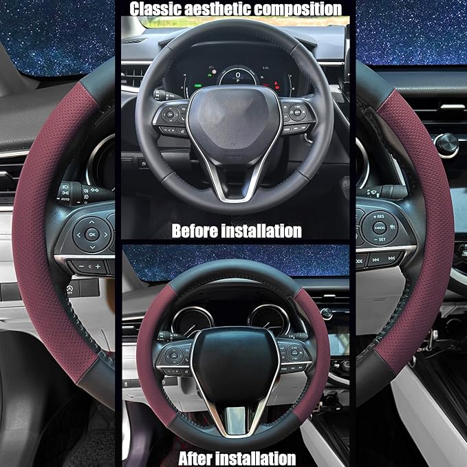 Mihecor Steering Wheel Cover Standard Size 14.5-15 inch, Non-Slip Car Wheel Cover Protector, Breathable Microfiber Leather, Black and Burgundy