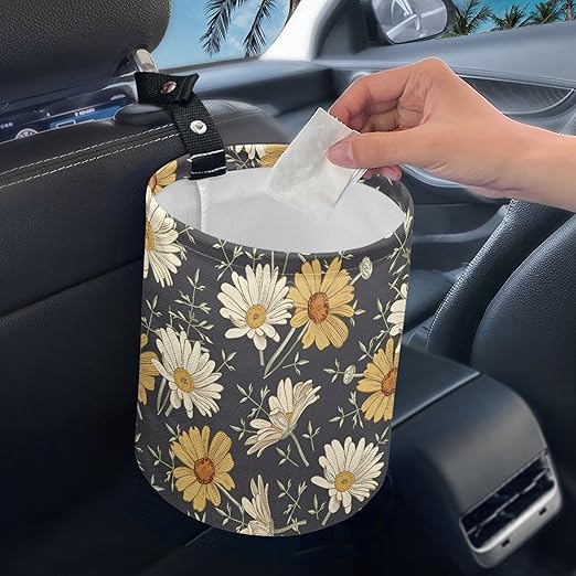 Car Trash Can with Hanging for Back Seat, Car Accessories for Women Men Automotive Garbage Cans Vehicle Trash Can for Truck SUVWihte Yellow Daisy