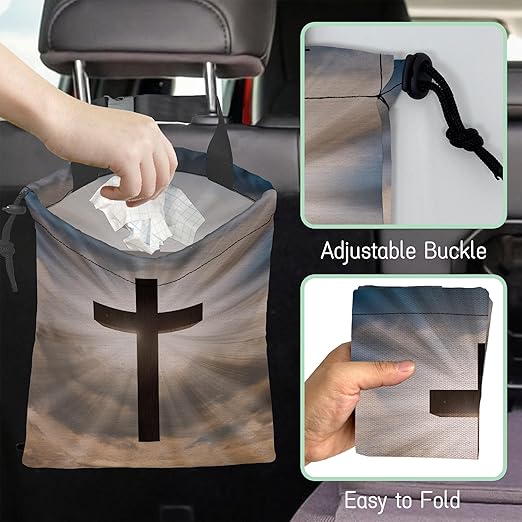 NHNXHWIA Jesus Christ Cross Car Trash Bag,Hanging Drawstring Car Garbage Bag,Waterproof Canvas Car Back Seat Organizer with Adjustable Buckle,for Vehicles,SUVs,Camping,Road Trips