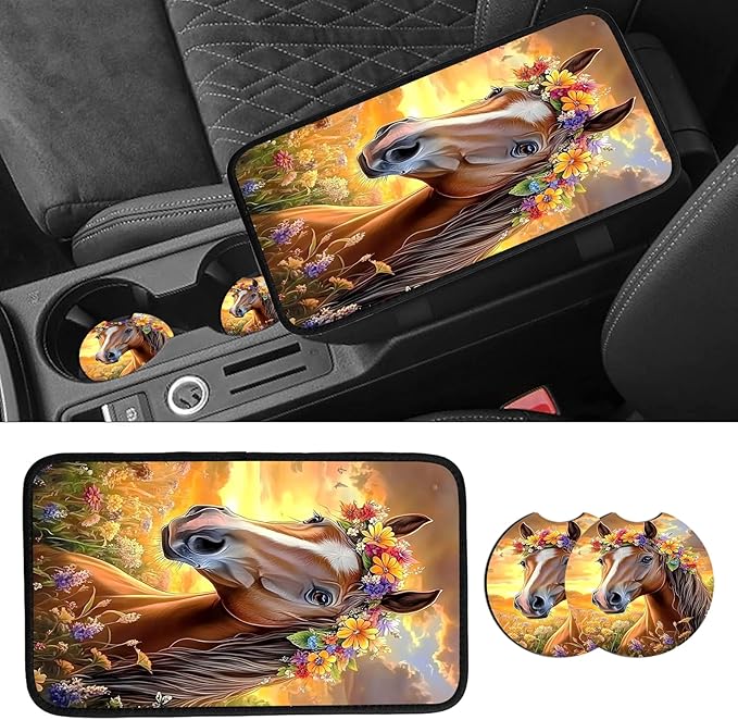 JANENFNA Car Armrest Cover Pads Universal Fashion Cute Auto Center Console Armrest Cover Pad with 2PCS Car Coasters Soft Waterproof Car Armrest Seat Protector for Women,Sunset Flower Horse