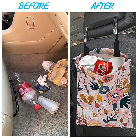 ghatobty Car Trash Bag Creative Floral Car Garbage Bag Hanging Car Trash Can for Back Seat with Drawstring, Waterproof Garbage Bags for Car Accessories Vehicle Travelling Camping Outdoor