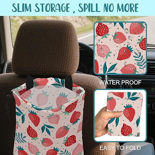 KXWQTRDD Car Garbage Bag Strawberry Berries and Leaves Hanging Canvas Car Trash Bag Waterproof Drawstring Car Back Seat Organizer for Car Back Front Seat Console with Adjustable Buckle