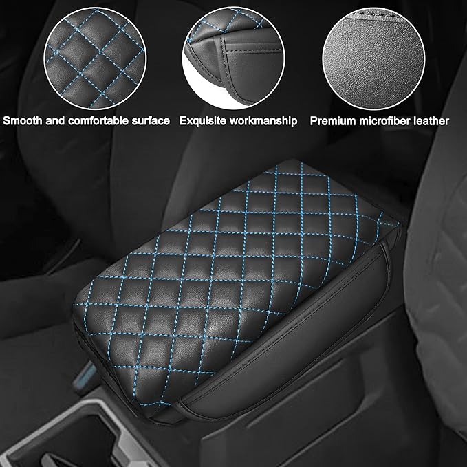 1.2in Thickness Center Console Cover for Tacoma Accessories 2024 2025 2026 Armrest Cover Leather Armrest Box Lid Protector Cushion Pad with Pockets Interior (Blue Stitch)