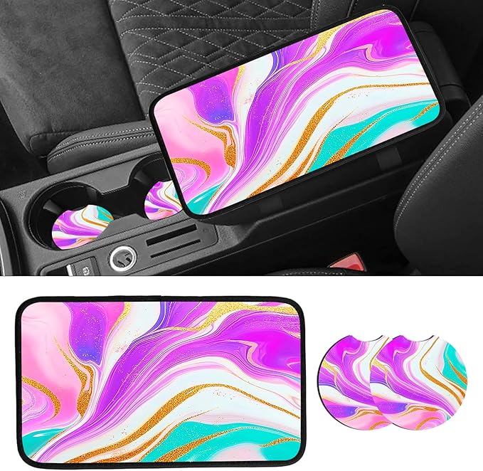 JANENFNA Car Armrest Cover Pads Universal Fashion Cute Auto Center Console Armrest Cover Pad with 2PCS Car Coasters Soft Waterproof Car Armrest Seat Protector for Women,Pink Pattern Marble