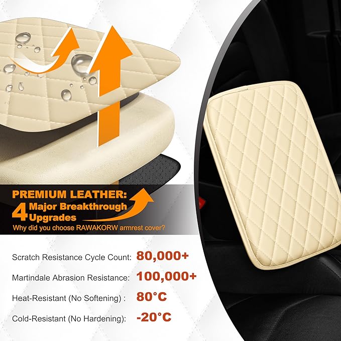 Car Center Console Cover Fit for Mitsubishi Outlander - Upgraded Faux Leather Armrest Cushion with 2 Storage Pockets - Waterproof & Durable Armrest Protector for Car (Beige & Whiteline)