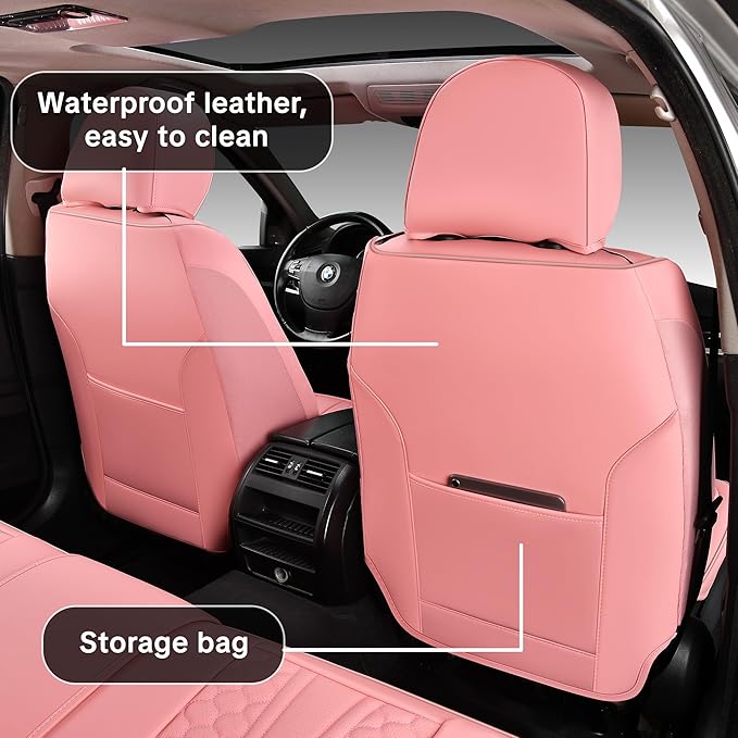 Wertigen Pink Car Seat Covers Full Set – Stylish Leather Waterproof Seat Protectors for Cars, SUVs & Trucks, Airbag Compatible, Non-Slip Design, Easy to Install, Fits Most Vehicles