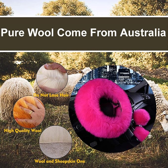3 Pcs Car Steering Wheel Cover & Handbrake Cover & Gear Shift Cover Set Faux Wool Warm Winter (Rose Red)