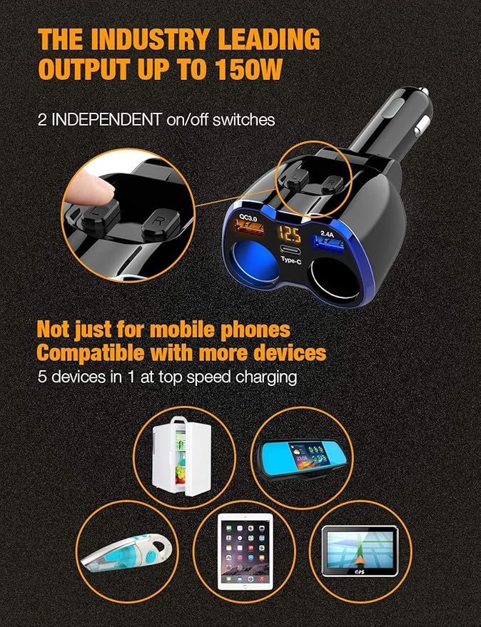 Car Charger, 150W 2-Socket Cigarette Lighter Splitter QC 3.0 Dual USB Ports 1 USB C Fast Car Adapter with Separate Switch LED Voltmeter Replaceable 15A Fuse for GPS/Dash Cam/Phone/iPad