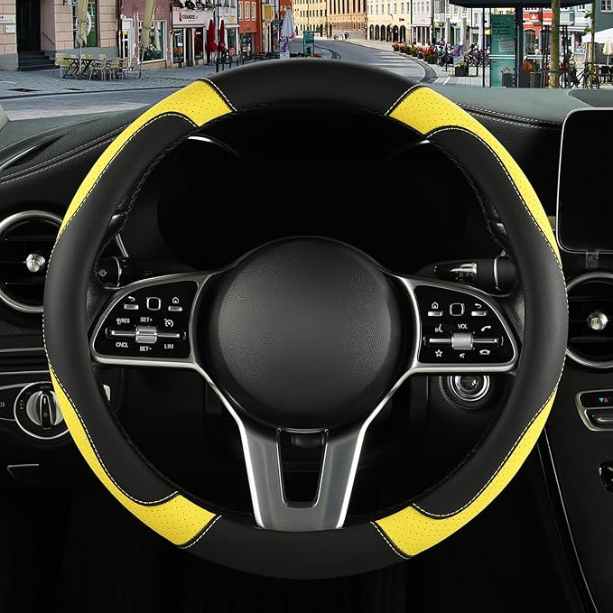 Binsheo Microfiber Leather Steering Wheel Cover Large for Ford F150 F250 F350 RAM 4Runner Tacoma Tundra Range Rover Model X Model S, Breathable, Anti Slip, 15.5 inch to 16 inch, Black with Yellow