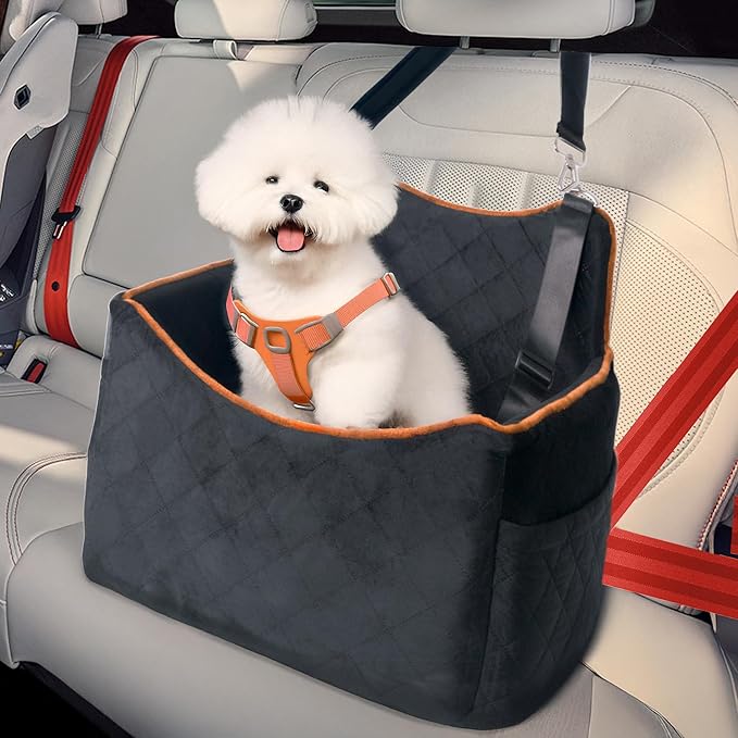 Dog Car Seat for Medium Sized Dogs 30 lbs, Safety Booster Seat for Small Dogs Hooks to The Seatbelt & with Elevated Cushion, Soft Waterproof Washable Small Dog Car Seat with Storage Pockets (Black)