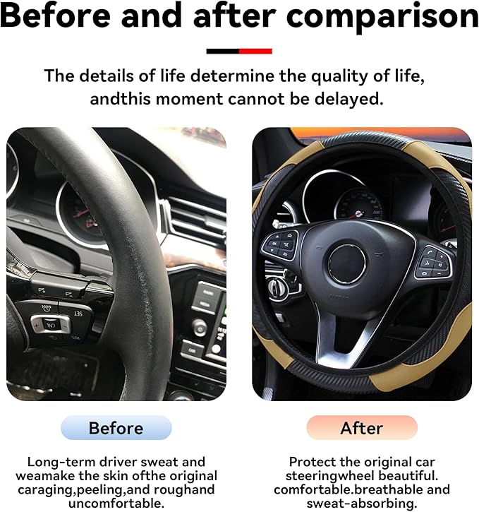 Car Steering Wheel Cover, 15 inch Carbon Fiber Microfiber PU Leather Elastic Steering Wheel Protector for Men Women, Anti-Slip Breathable Car Interior Accessories for Most Cars (Beige)