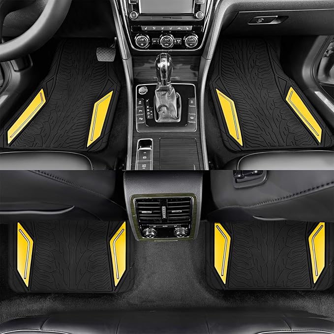 PIC AUTO Rubber Floor Mats, Yellow Aluminum Film with Colorful Piping Floor Mats for Cars, Car Mats with Non-Slip Backing, All-Weather Protection, Trim-to-Fit Liner for Cars, SUVs, Trucks, Vehicles