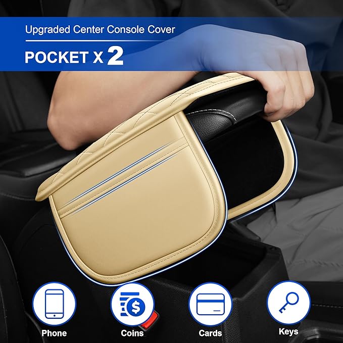 NUWQICD Center Console Cover Fit for Nissan Altima 1993-2025 Leather Armrest Covers with 2 Storage Bags Car Armrest Storage Box Car(Beige)