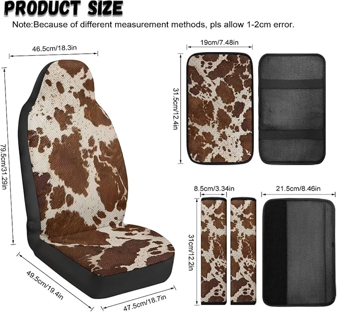 Qeluxign Cow Print Auto Seat Covers with Car Center Console Cover, Belt Cover PU Leather Breathable Full Set Bucket Seat Covers, Pack of 5, Universal Fit for Sedan,SUV