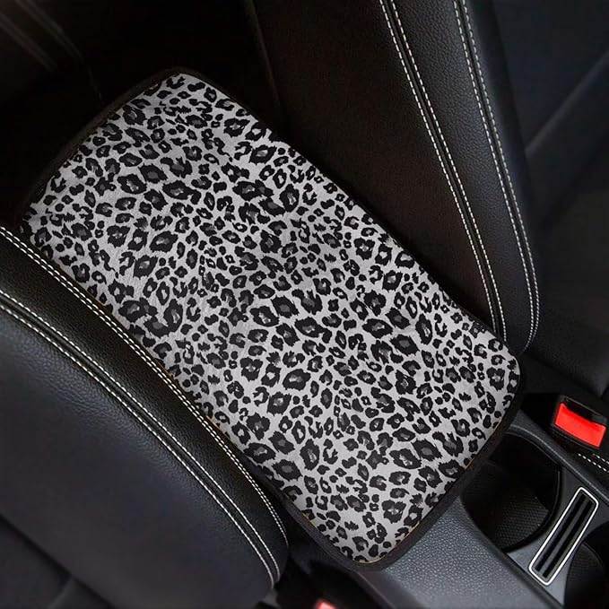 Gray Leopard Print Car Console Covers Armrest Console Cover Soft Car Center Console Cover Accessories Protect from Pet Claws Universal Cars Interior Accessories Decoration