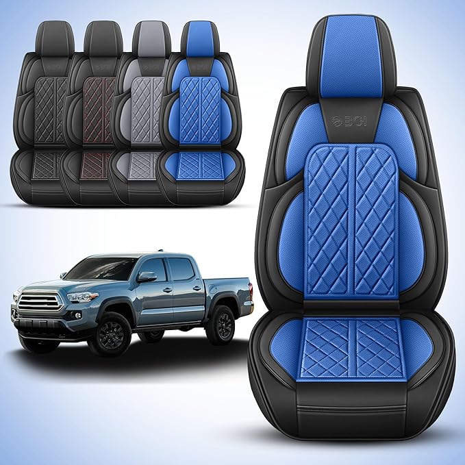 DuDuWang Car Seat Covers Custom Fit for Toyota Tacoma 2016-2023 Breathable Waterproof Faux Leather Protective Seat Cover with Pickup Truck (Black & Blue, Full Set)