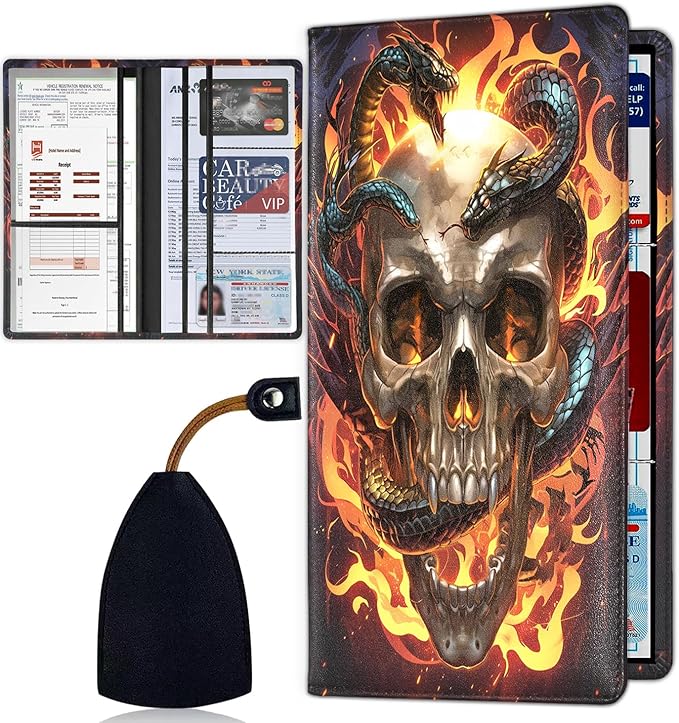 Car Registration Holder, Waterproof PU Leather Vehicle Card Document Glove Box Organizer, Women Interior Auto Accessories Case for Cards, Driver License Car Insurance Holder, Skull and Snake Pattern