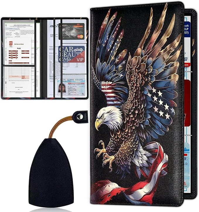 Car Registration and Insurance Card Holder for Women Men, Waterproof PU Leather Glove Box Car Organizer with Magnetic Shut, Vehicle Document Holder for Driver License,Cards, Eagle American Flag