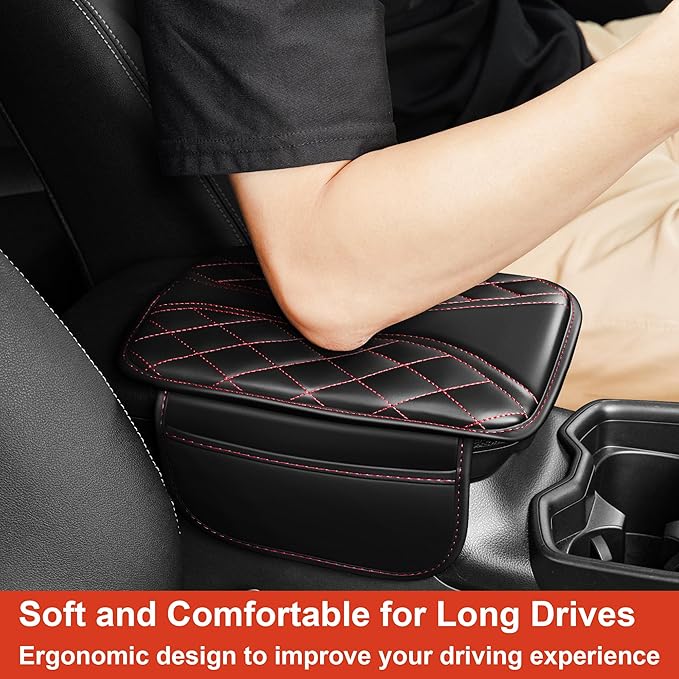Center Console Cover Fit for Kia Sorento 2003-2025 with 2 Storage Bags Waterproof Leather Quilted Pattern Car Armrest Cover Cushion Anti - Slip(002#Black&Red Line)