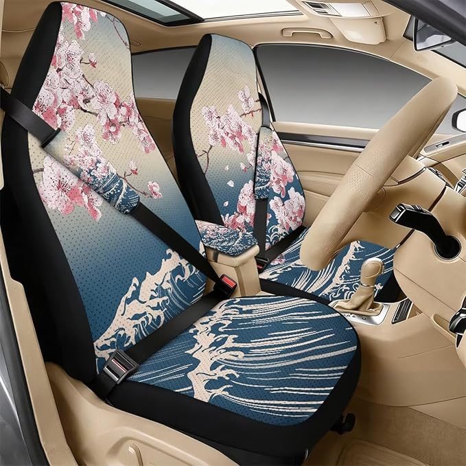 Oramclsy Cherry Blossom Car Seat Covers Set with PU Breathable Armrest Pad Seatbelt Pad 5 Pack Car Accessories Interior Decor Universal Size