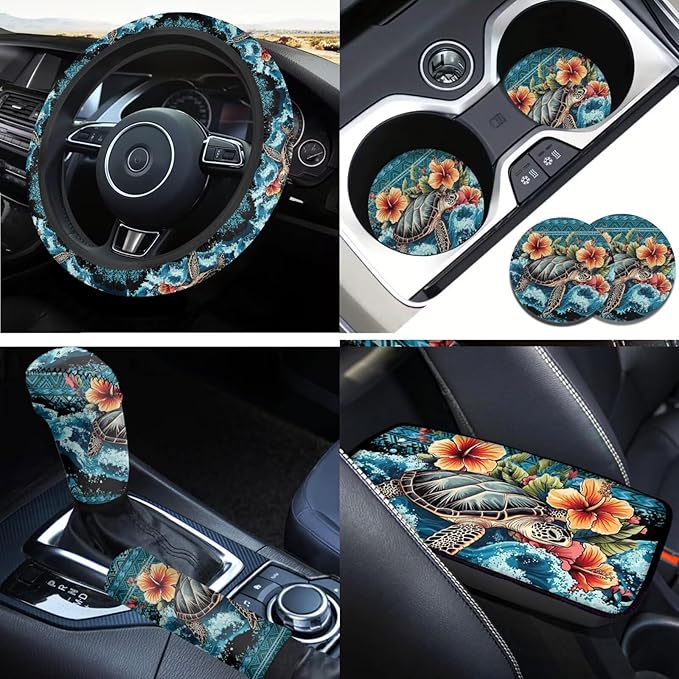 Boho Sea Turtle Car Accessories for Men Women Cute Steering Wheel Cover Flower Cup Coaster Handbrake Cover Fit Vehicles,Sedans, SUVs,Vans,Trucks 6 PCS