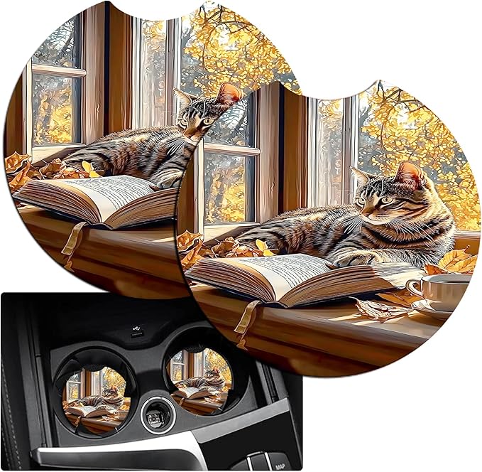 JANENFNA Car Armrest Cover Pads Universal Fashion Cute Auto Center Console Armrest Cover Pad with 2PCS Car Coasters Soft Waterproof Car Armrest Seat Protector for Women,Cat Reading by Window