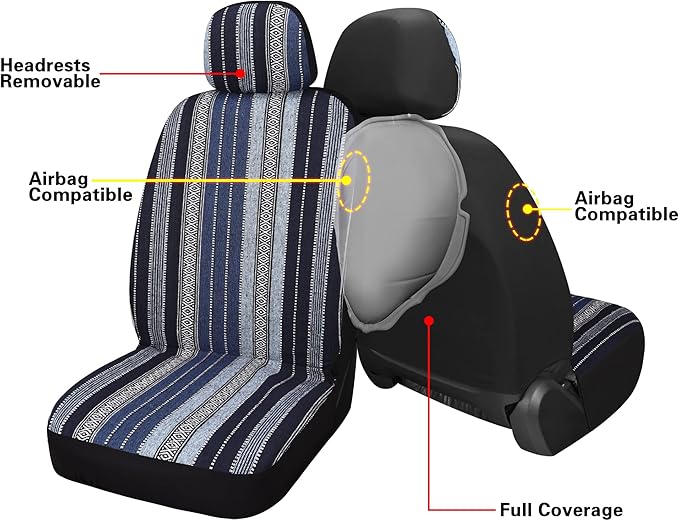 HAIYAOTIMES Baja Saddle Blanket Car Seat Covers Full Set with Seat Belt Pads, Washable Breathable Seat Covers for Cars, Universal Fit Interior Covers for Most Sedan Truck SUV, Airbag Compatible, Blue