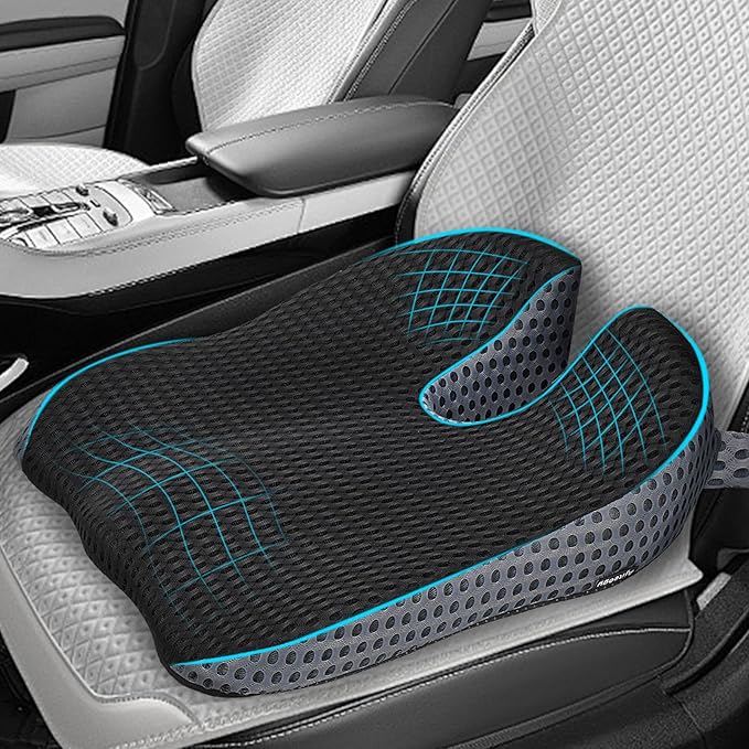 Car Seat Cushion, Memory Foam Car Wedge Seat Cushion for Driving, Height Booster & Posture Support, 4D Mesh Seat Pad with Adjustable Straps (Deep Black)