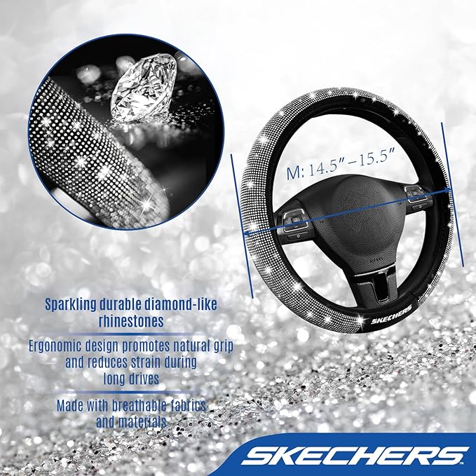 Skechers Women’s Bling Steering Wheel Cover, Velvet with Sparkly Crystal Rhinestones, Stylish Car Interior Gift, Universal Fit 14" 1/2-15" for Cars, SUVs, Trucks, Silver Diamond