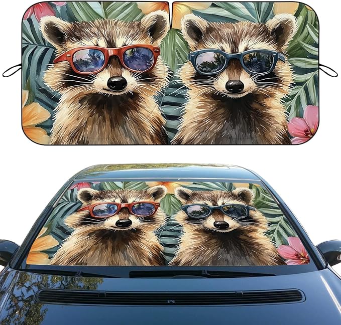 Cute Raccoon Car Windshield Sunshades Tropical Floral Sunglasses Animals Front Window Sun Shade Rays Sun Shade Visor Protector for Car Sedan Truck SUV Accessories 59" L x 31.5" W