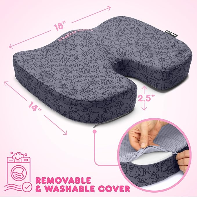 Carbella Officially Licensed Hello Kitty Seat Cushion - Cute Charcoal Gray Office Chair Cushion for Car, Home, Work or Desk - Comfort Memory Foam Cushions for Coccyx, Back, Tailbone Pain Relief Pillow