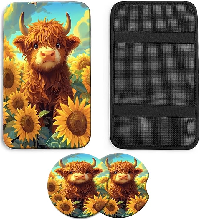 JANENFNA Car Armrest Cover Pads Universal Fashion Cute Auto Center Console Armrest Cover Pad with 2PCS Car Coasters Soft Waterproof Car Armrest Seat Protector for Women,Sunflower Highland Cow