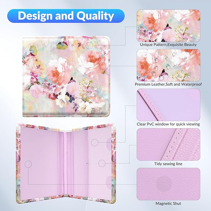 Pisypox Car Registration and Insurance Card Holder，Vehicle Glove Box Car Organizer，Accessories Case for Storing Driving Licences, Cards, Documents,Pink flower