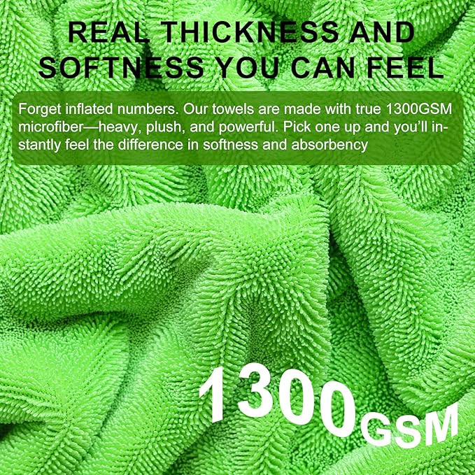 Singrune 2 Pack XL Car Drying Towel – 1300GSM Ultra Absorbent Microfiber, 24"x36" Large Size, Twisted Loop, Lint-Free & Streak-Free for Auto Detailing, Car, SUV, Truck (Gray-Green)