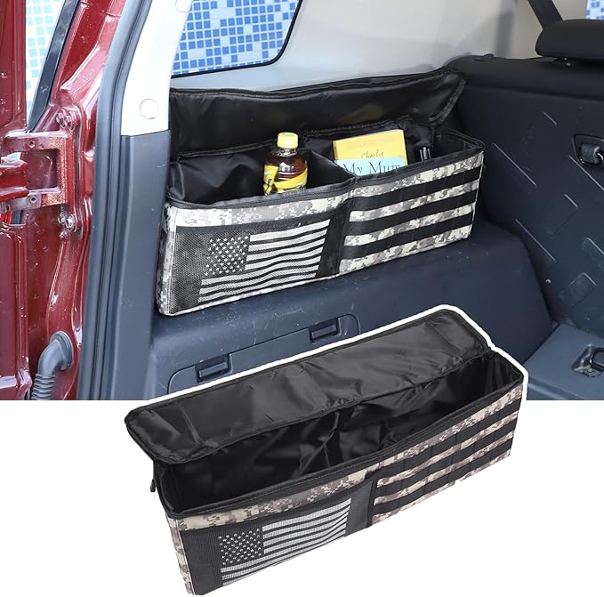 Car Trunk Organizer Compatible with Toyota FJ Cruiser 2007-2021, Rear Storage Organizer With American Flag, Multi-Compartment Oxford Cloth Car Storage Bag Space Saving (Camouflage-Left Side)