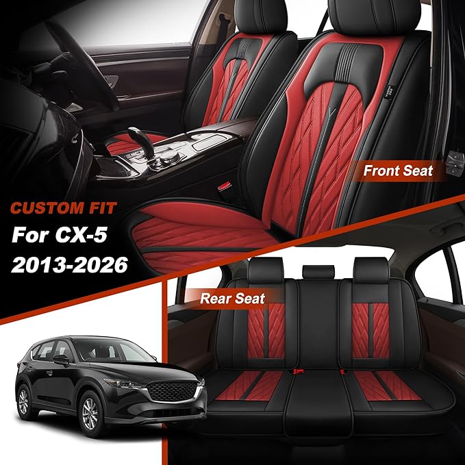 TTX LIGHTING Seat Covers Fit for Mazda CX5/CX-5 2013-2026 Seat Covers Full Set Car Seat Covers Faux Leather Breathable Waterproof Car Seat Protector (5 Seats, Black&Red)