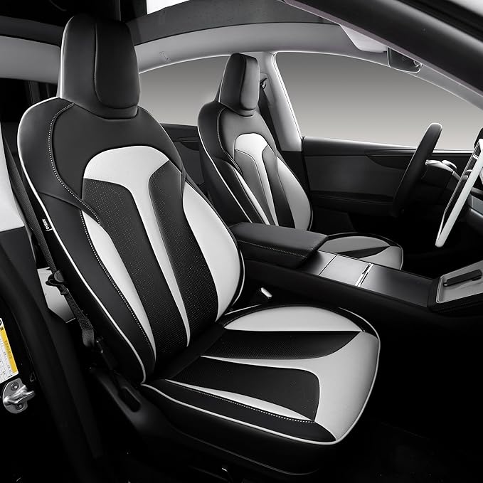 OURPLOT Custom Fit Seat Covers for 2025 2026 Tesla Model Y Juniper (5-Seater), Waterproof Breathable Nappa Leather, OEM Factory Style Full Set Car Seat Protectors Airbag Compatible - Black+White