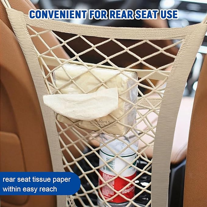 3-Layer Car Mesh Organizer,Seat Back Net Bag Organizer,Stretchable Pet Barrier Dog Car Net Barrier&Storage Bag of Backseat Pet Kids,Cargo Tissue Handbag Purse Holder,Driver Storage Netting Pouch
