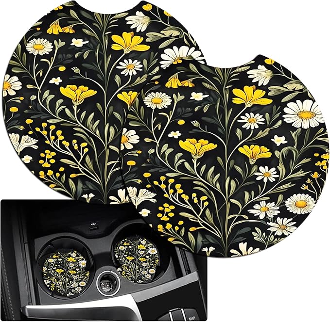 JANENFNA Car Armrest Cover Pads Universal Fashion Cute Auto Center Console Armrest Cover Pad with 2PCS Car Coasters Soft Waterproof Car Armrest Seat Protector for Women,Yellow Flower
