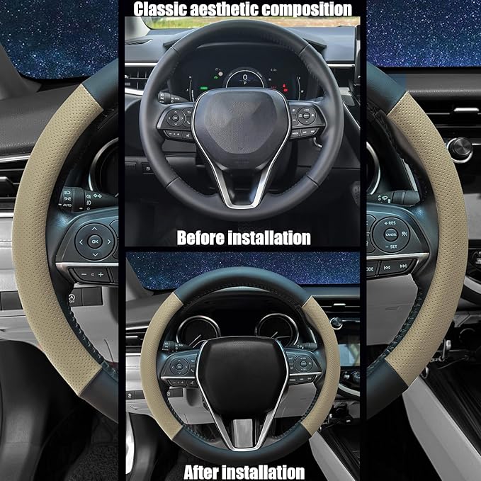 Mihecor Steering Wheel Cover Standard Size 14.5-15 inch, Non-Slip Car Wheel Cover Protector, Breathable Microfiber Leather, Black and Beige
