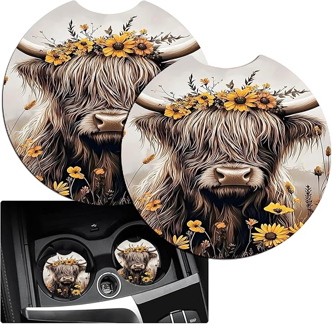 JANENFNA Car Armrest Cover Pads Universal Fashion Cute Auto Center Console Armrest Cover Pad with 2PCS Car Coasters Soft Waterproof Car Armrest Seat Protector for Women,Cow Flower Crown