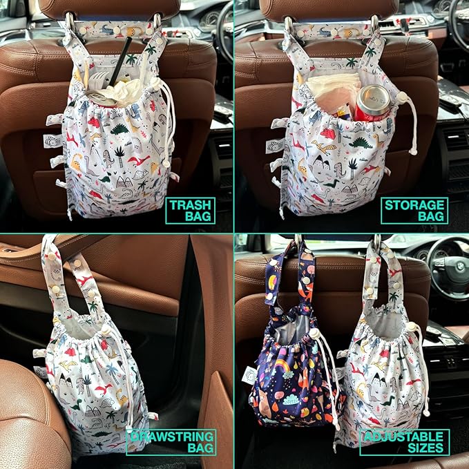 FLOCK THREE Leak-Proof Waterproof Car Trash Bag Foldable Multipurpose Trash bin Container Storage Cute Grocery Organizer Bag for Automotive Front or Back Seat in Cars SUVs and Trucks (Dino)