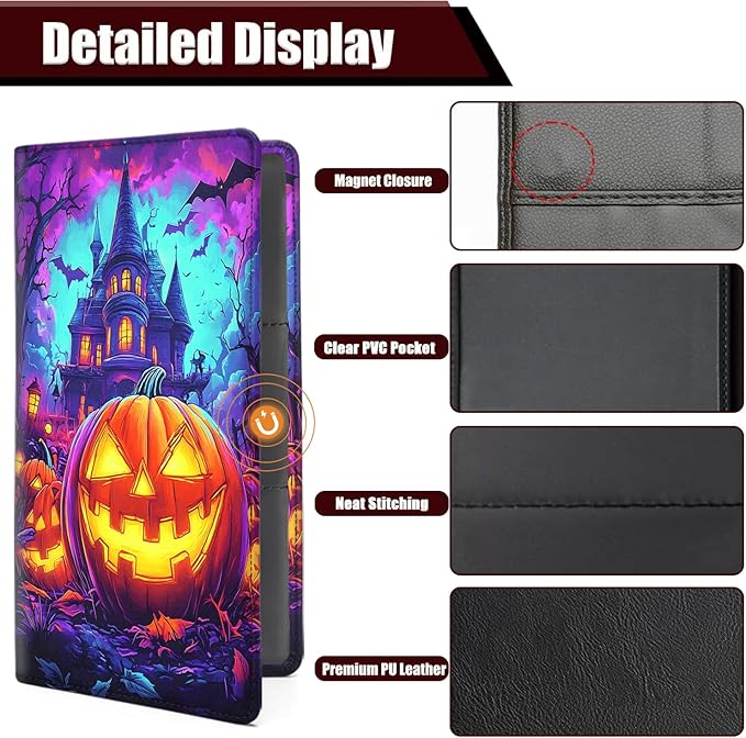 Car Registration Holder, PU Leather Vehicle Glove Box Organizer for Driver License, Document, Car Insurance Holder with Magnetic Shut, Auto Paperwork Wallet Accessories, Halloween Pumpkin Castle