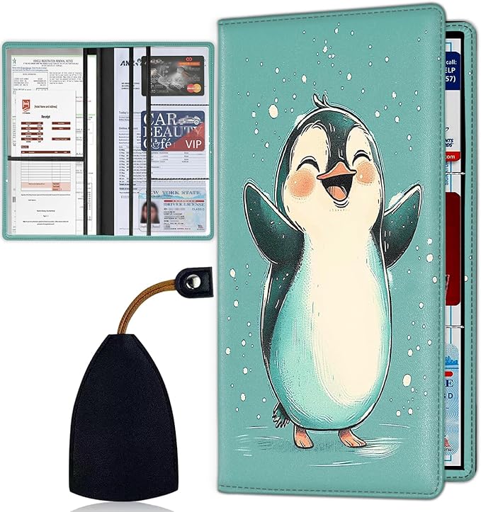 Car Registration and Insurance Card Holder for Women Men, Waterproof PU Leather Glove Box Car Organizer with Magnetic Shut, Vehicle Document Holder for Driver License,Cards, Cute Penguin Happy