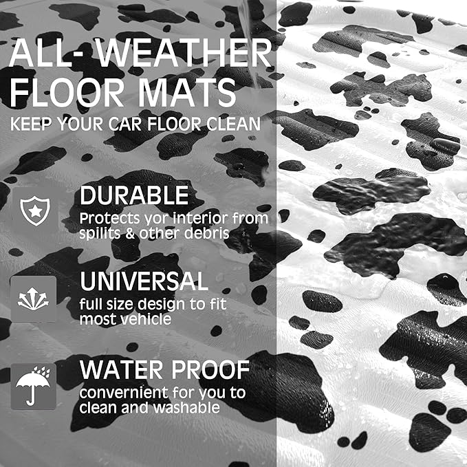 CASS Pass Leather Cow Print Car Floor Mats, 3D Waterproof All Weather, Universal Trim to Fit & Anti-Slip Burr Bottom, Safety & Light Easy Clean Install for SUV Truck Auto Sedan Van (Cow Print)