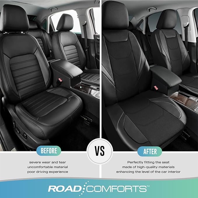 Road Comforts Car Seat Cover, Leather Mesh Front Seat Cover, Universal Fit for Most Cars, SUVs, Trucks, and Vans, Airbag Compatible - Black