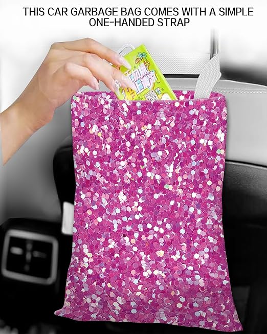 ANKVRP Car Trash Can, Durable Hanging Car Trash Garbage Bag, Cute Automotive Garbage Cans Organizer, Cute Purple Glitter Pattern