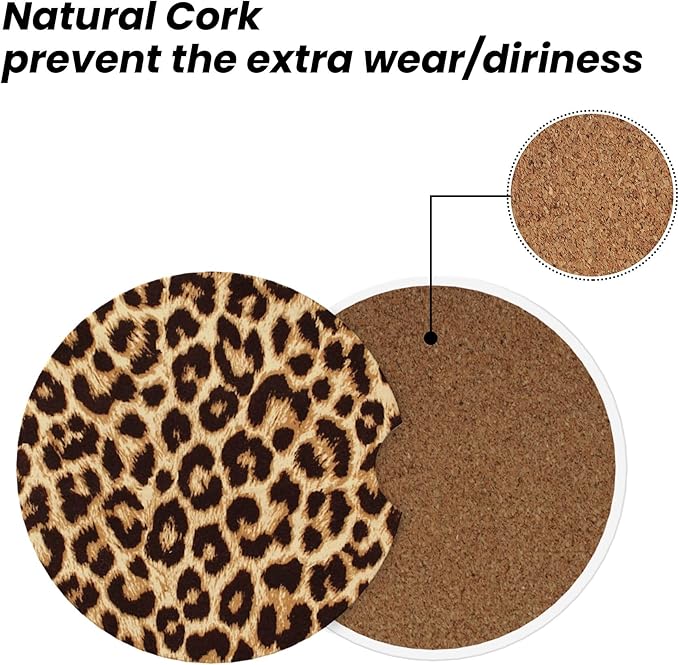 HUWAAI Leopard Print Car Cup Holder Coasters 2 Pack Universal 2.63 Inch Anti Slip Ceramic Absorbent Coaster with Cork Base and Finger Notch Cute Car Accessories Interior for Women